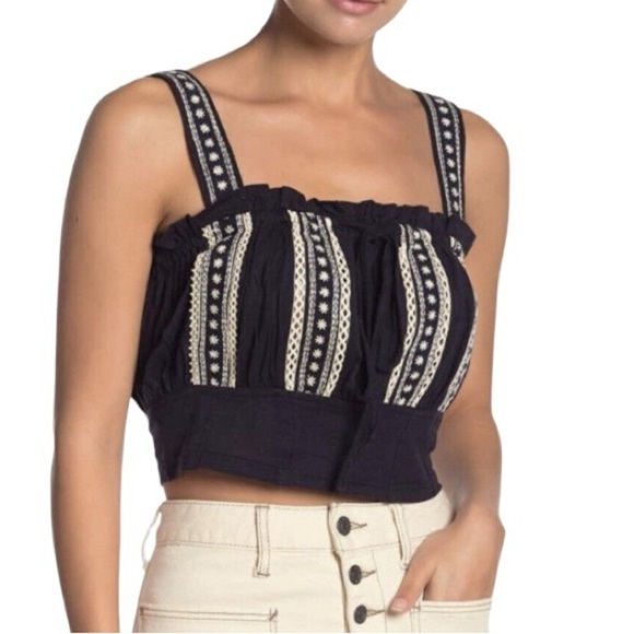 Free People Hill Top Crop Blouse Navy - Picture 1 of 5